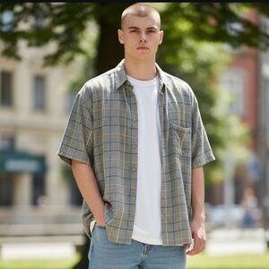 Bruno Men's Short Sleeve Plaid Button-Up Shirt - Gray - Size-XL